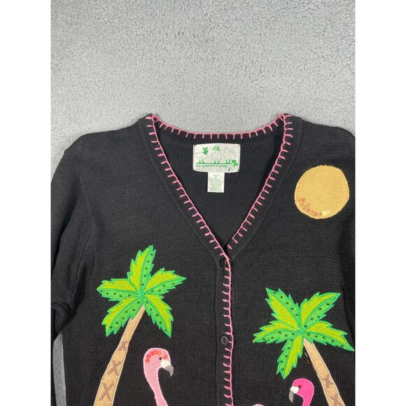The Quacker Factory Black Cardigan Sweater with Flamingos Palm Trees Size S - Picture 6 of 11